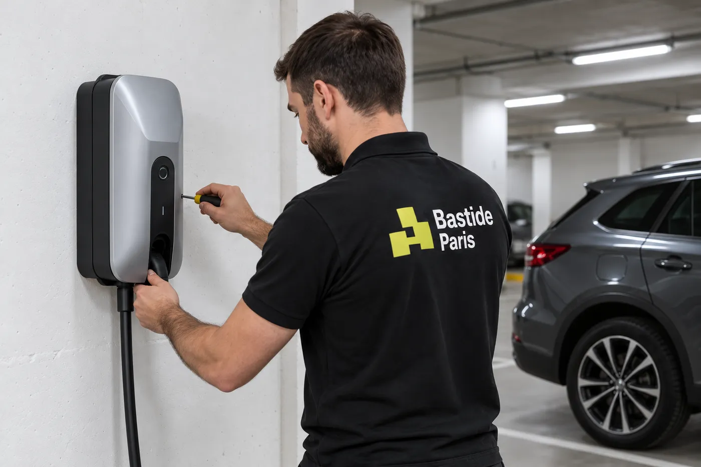 Électricien Bastide Paris fixant une borne de recharge murale dans le parking souterrain d'une copropriété