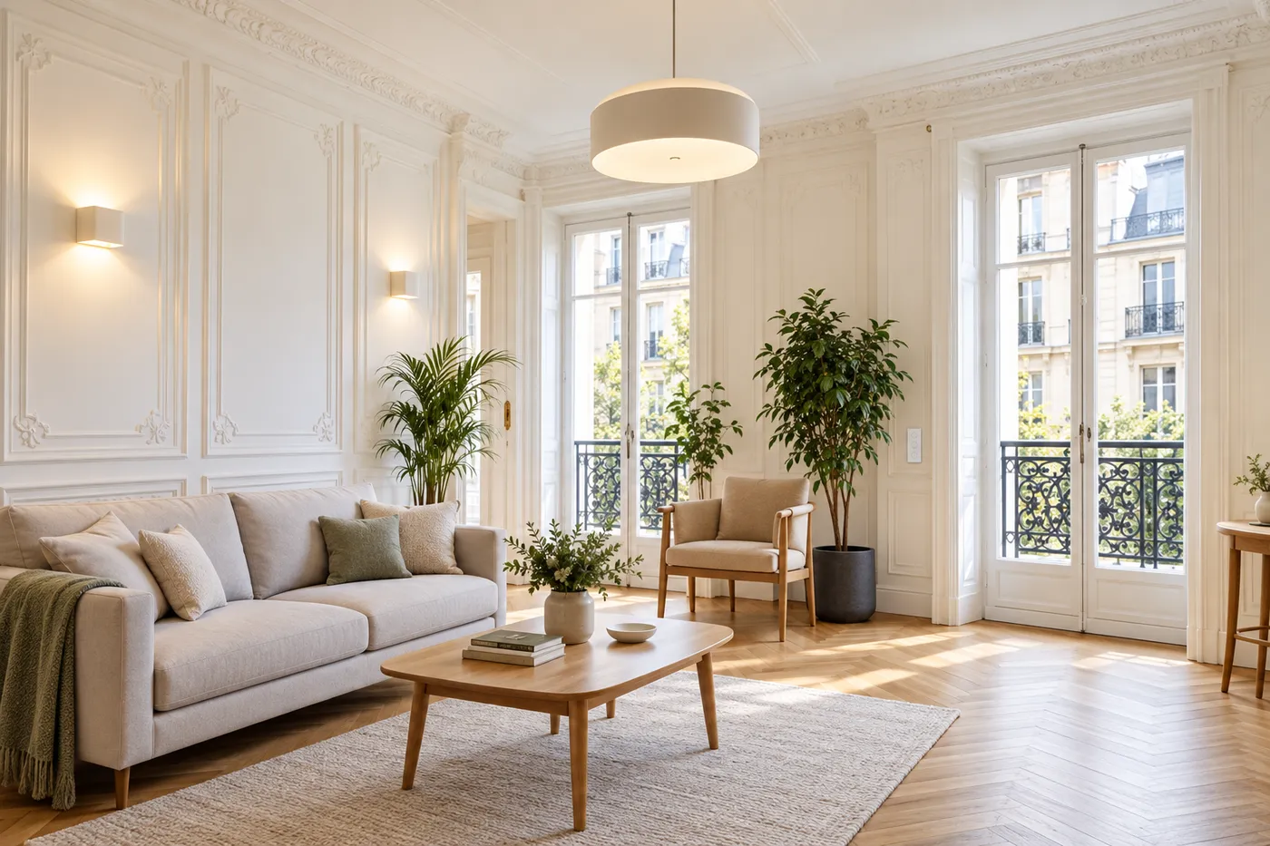 Salon d'un appartement haussmannien rénové avec éclairage LED et interrupteur connecté