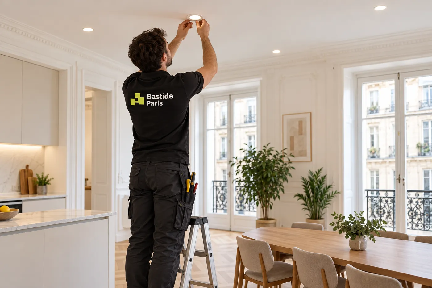 Pose de spots LED encastrés au plafond d'un appartement parisien rénové
