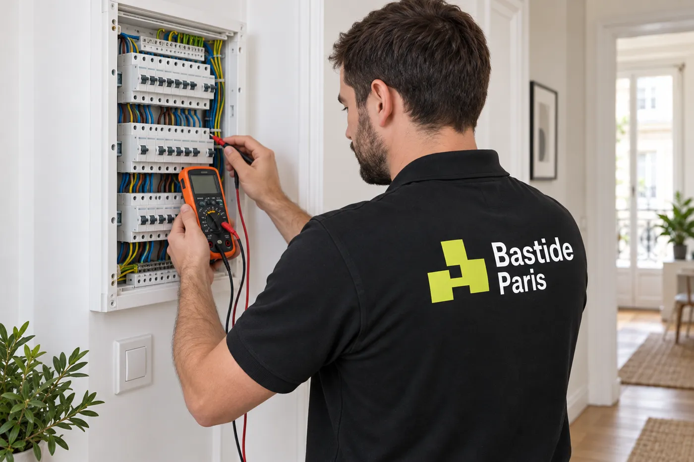 Électricien Bastide Paris contrôlant au multimètre un tableau électrique dans un appartement parisien