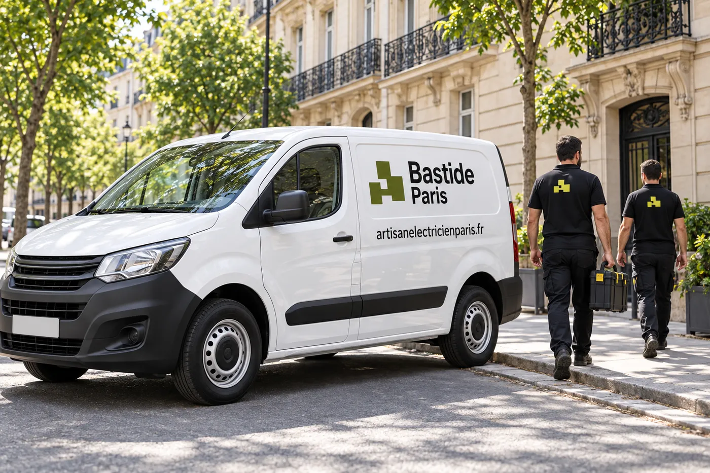 Fourgon blanc Bastide Paris marqué artisanelectricienparis.fr garé dans une rue haussmannienne, deux électriciens de l'équipe à côté